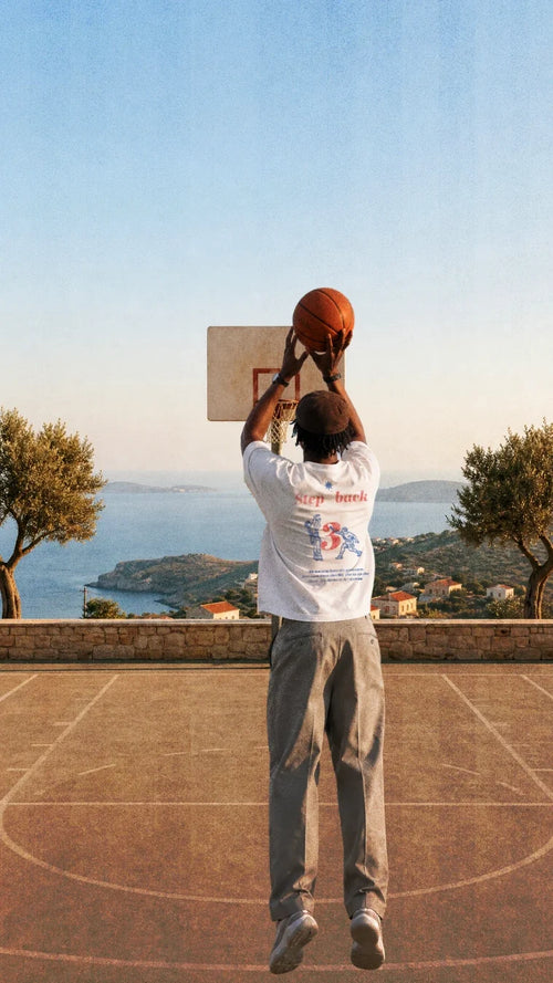 Step Back 3 Tee — lifestyle — Hoop of Metis off-court basketball t-shirt