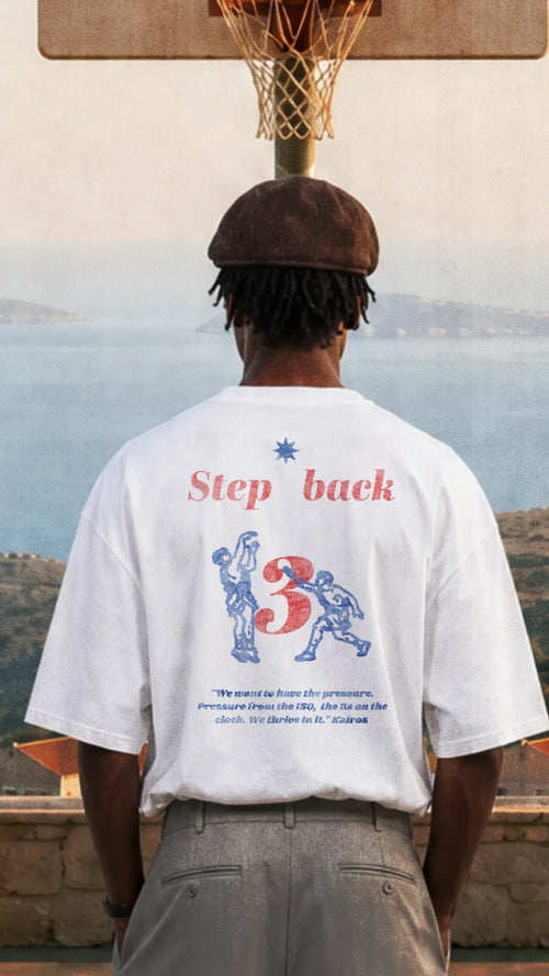 Step Back 3 Tee — close-up — Hoop of Metis